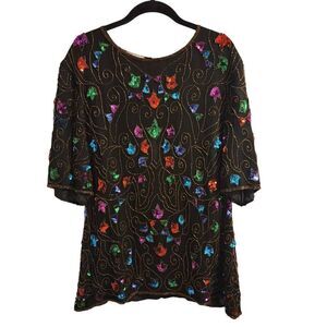 Stenay Plus Vintage Silk Colorful Beaded Formal Top Size 2X